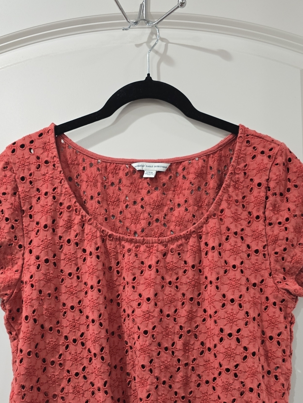 AMERICAN EAGLE OUTFITTERS Rust Eyelet Scoop Neck Short Sleeve Cropped Tee, Large - Picture 3 of 12